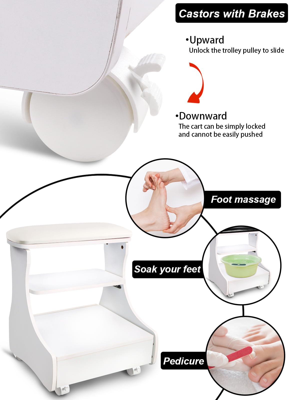 Kalolary Riposo del piede di pedicure, Piede manicure riposati con ruote in pelle di bellezza di bellezza di bellezza poggiapiedi poggiapiedi per uso di saloni facili da fare (Bianco)