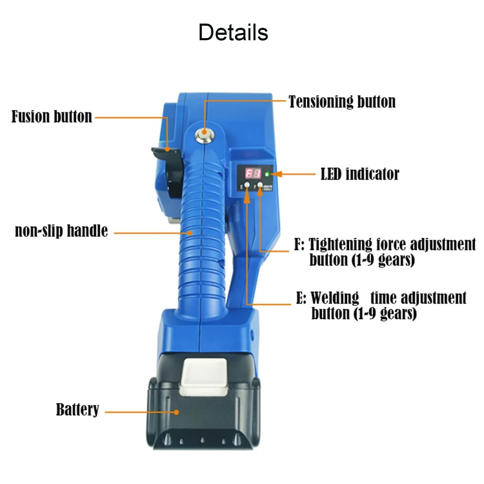 Máquina flejadora eléctrica automática, máquina flejadora de embalaje de 5000 mah, Para ancho: 9 mm a 16 mm Espesor: 0,5-1,2 mm Correas de Pet PP, fuerza de tensión máxima: 60-2500 N,Blue
