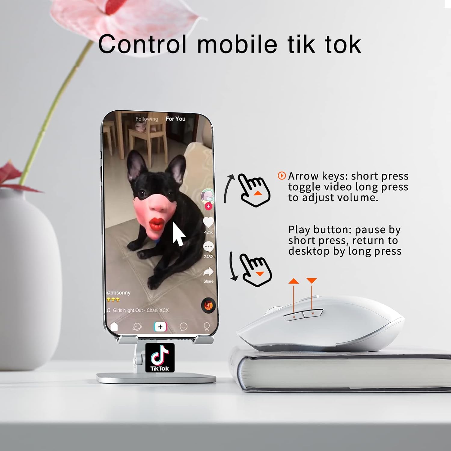 Image showing the TMICE mouse next to a smartphone displaying a TikTok video, with instructions for video control.