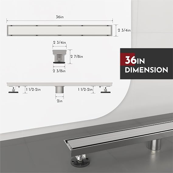 WEBANG 36 Inch Linear Shower Drain Rectangular Floor Drain with Accessories Reversible 2-in-1 Cover Tile Insert Grate Removable SUS304 Stainless Steel CUPC Certified Brushed
