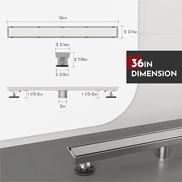 WEBANG 36 Inch Linear Shower Drain Rectangular Floor Drain with Accessories Reversible 2-in-1 Cover Tile Insert Grate Removable SUS304 Stainless Steel CUPC Certified Brushed