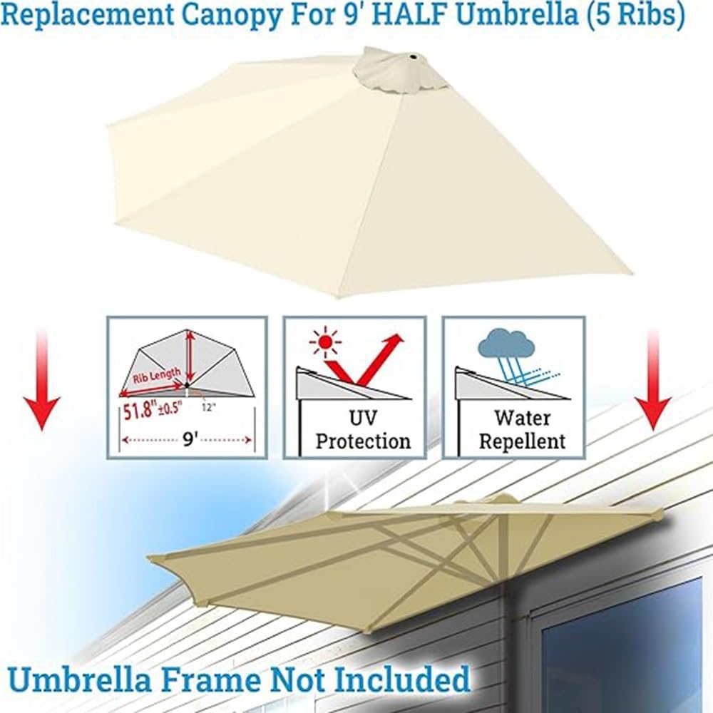9ft 5 Ribs Umbrella Replacement Canopy Half Round Umbrella Top Replacement Cover for Balcony Table Deck Pool Garden(Khaki)