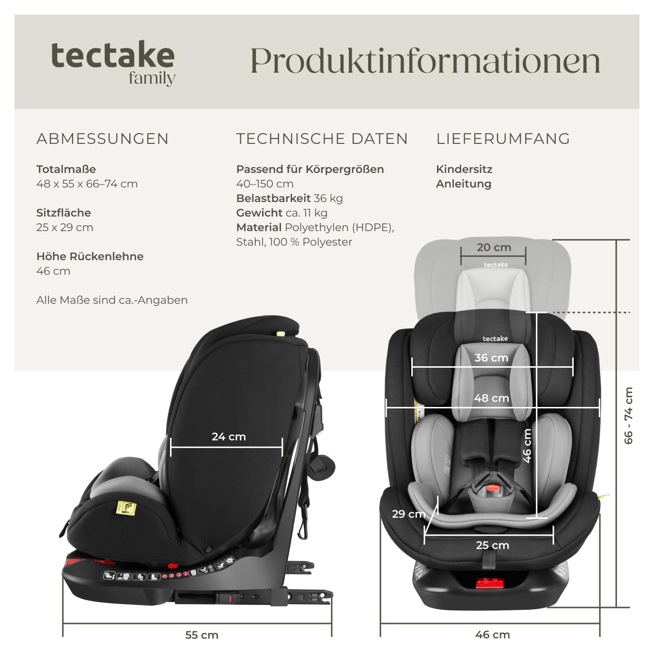 tectake® Kindersitz drehbar für Kinder von 40-150 cm, Kindersitz Isofix, i-Size (ECE R129), Autokindersitz bis 36 kg, 360° drehbar, Autositz Befestigung mit 5-Punkt Sicherheitsgurt und Top Tether