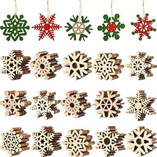 100 Pcs Christmas Unfinished Wooden Snowflake Ornaments Snowflake Hanging Cutouts Blank Wood Slices with Cord Craft Embellishments for Xmas Tree Decorations