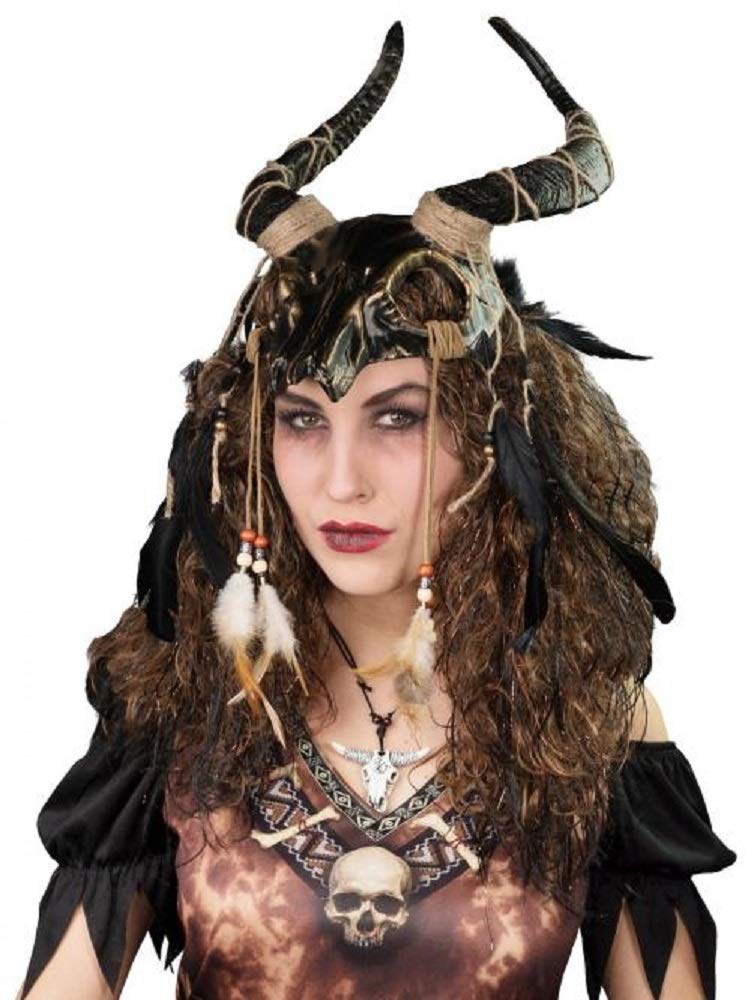 shoperama Kopfschmuck Tierschädel mit Hörnern Federn Perlen Voodoo Priester Krieger Schamane Barbar, Farbe:Schwarz/Gold