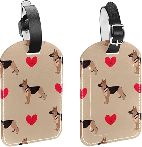 2 etiquetas de equipaje, diseño de pastor alemán y corazones, etiqueta de identificación de cuero, etiqueta de identificación de identificación de