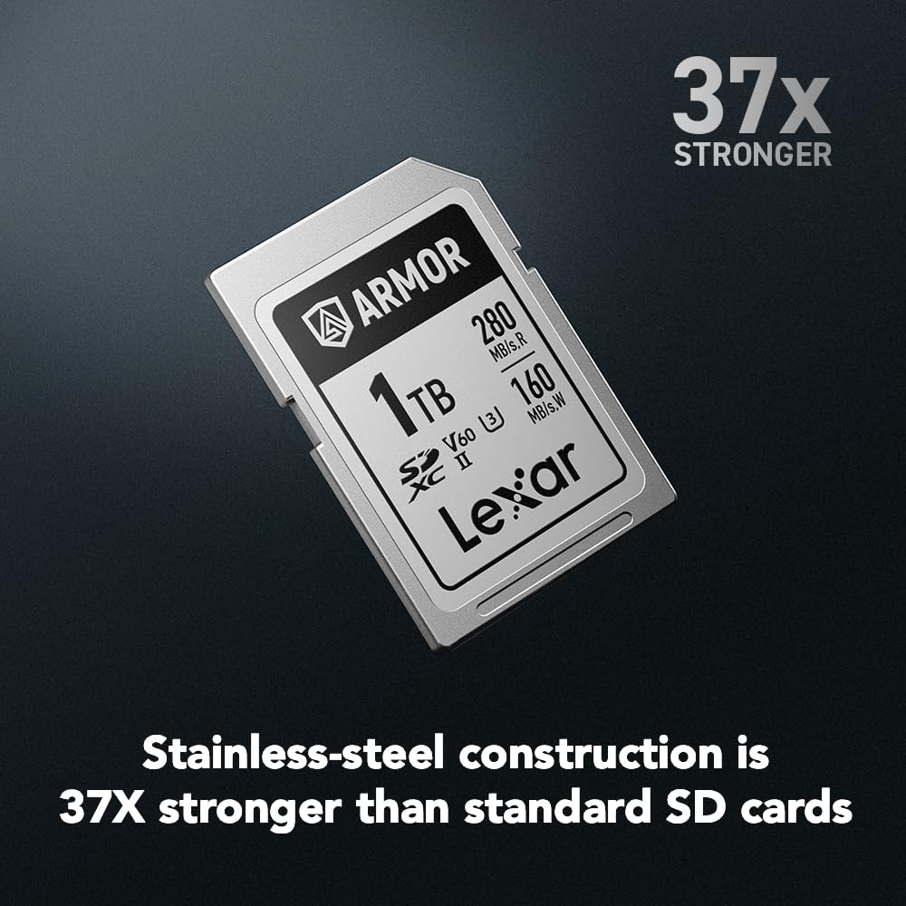 Lexar Tarjeta de Memoria Armor Silver Pro SDXC de 1 TB, UHS-II, C10, U3, V60, 6K UHD, hasta 280 MB/s de Lectura, Acero Inoxidable, para fotógrafos Profesionales, videógrafos, entusiastas