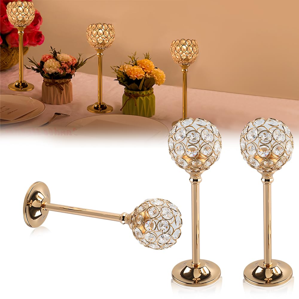 Gold Crystal Candle Holder 3pcs Taper Tealight Candle Stand Decorative Candlestick Holder Elegant Crystal Votive Bowl Pillar Candelabra Table Centerpieces Metal Candle Stick Holder Wedding Party Gift