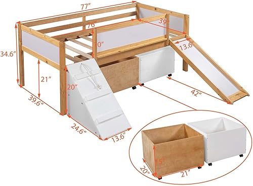 Miniatura 2 de TMEOSK Cama alta individual baja con 2 cajas de almacenamiento y tobogán cama loft de madera multifuncional con pizarra y escalera de escalada para