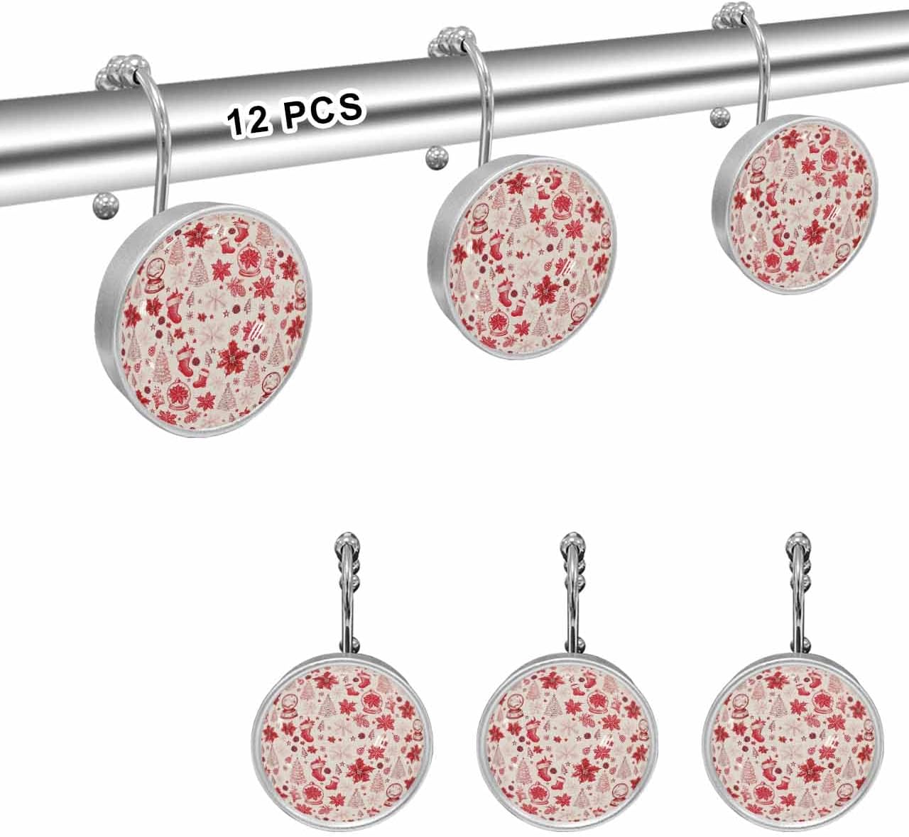 Shower Curtain Hooks 12 Pcs Red Silhouette Christmas Stocking Crystal Balls Candy Snowman Stainless Steel Rust Proof Rolling Shower Curtain Rings, Decorative Shower Curtain Hooks Hangers for Bathroom