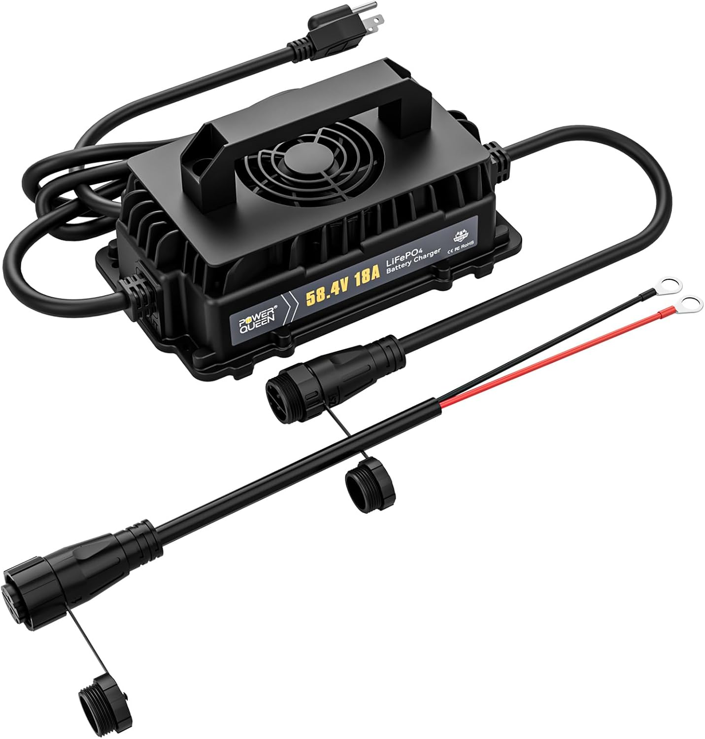 Power Queen 48V (58.4V) 18A LiFePO4 Battery Charger IP65 Waterproof Dustproof for 48V Lithium Battery, Smart Fast Charging Lithium Battery Charger for 48V Golf Cart, Boat and Home