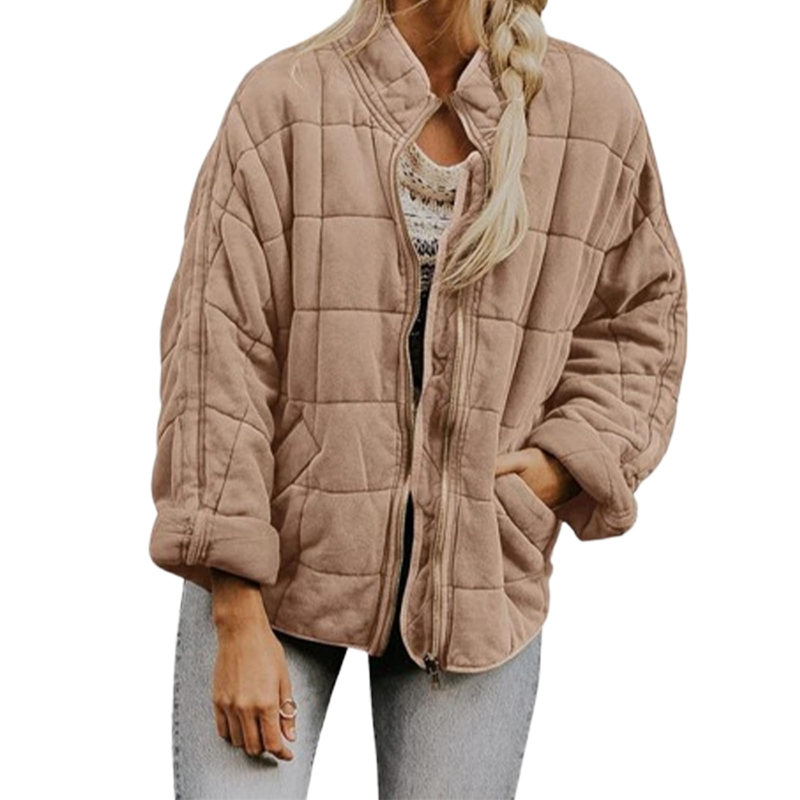 Qingxingfa Women's Light Khaki Quilted Puffer Jacket, Lightweight Oversized Zip-Up Coat With Stand Collar, Casual Winter Outerwear With Pockets (,S)