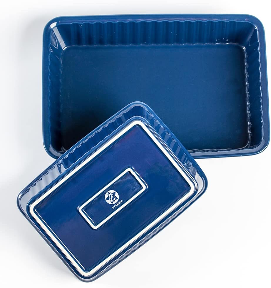 2-Piece Ceramic Baking Dish Set, Rectangular Lasagna Pans (12x8 inch & 8.95x6 inch) - Oven, Microwave, Dishwasher Safe Casserole Dishes for Cooking, Serving, and Storage (Dark Blue)