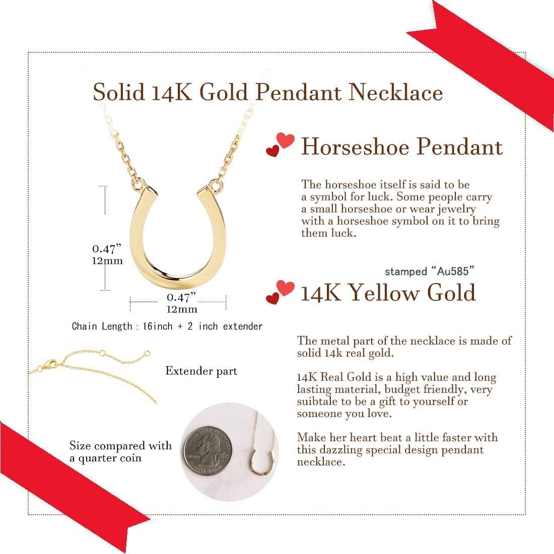 FANCIME 14K Real Solid Gold Horseshoe U Shape Pendant Necklace Fine Jewelry for Women
