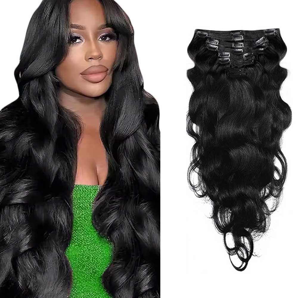 Photo 1 of #1B Natural Black Clip in Human Hair Extensions 28 Inch Color #1B Long Wave Clip in Seamless Extensions Human Hair Skin Weft Seamless Invisible Unprocessed Brazilian Virgin Remy Hair 120g