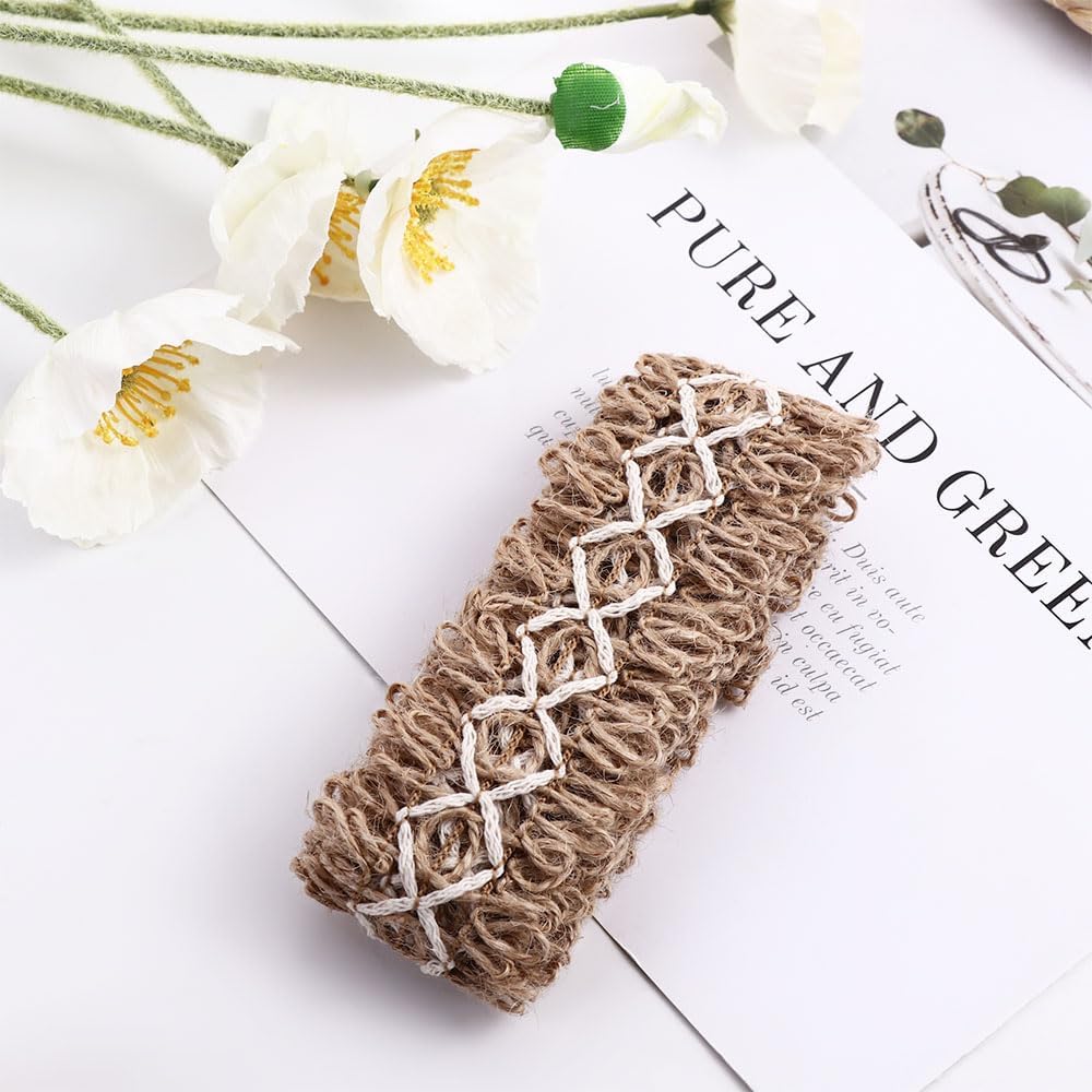 5 Rolls Natural Jute Burlap Roll Ribbon, Vintage Hollow Lace Jute Rope Twine String, 3.5-5cm Width Craft Weave Hemp Rope Gifts Wrapping Supplies(5 roll)
