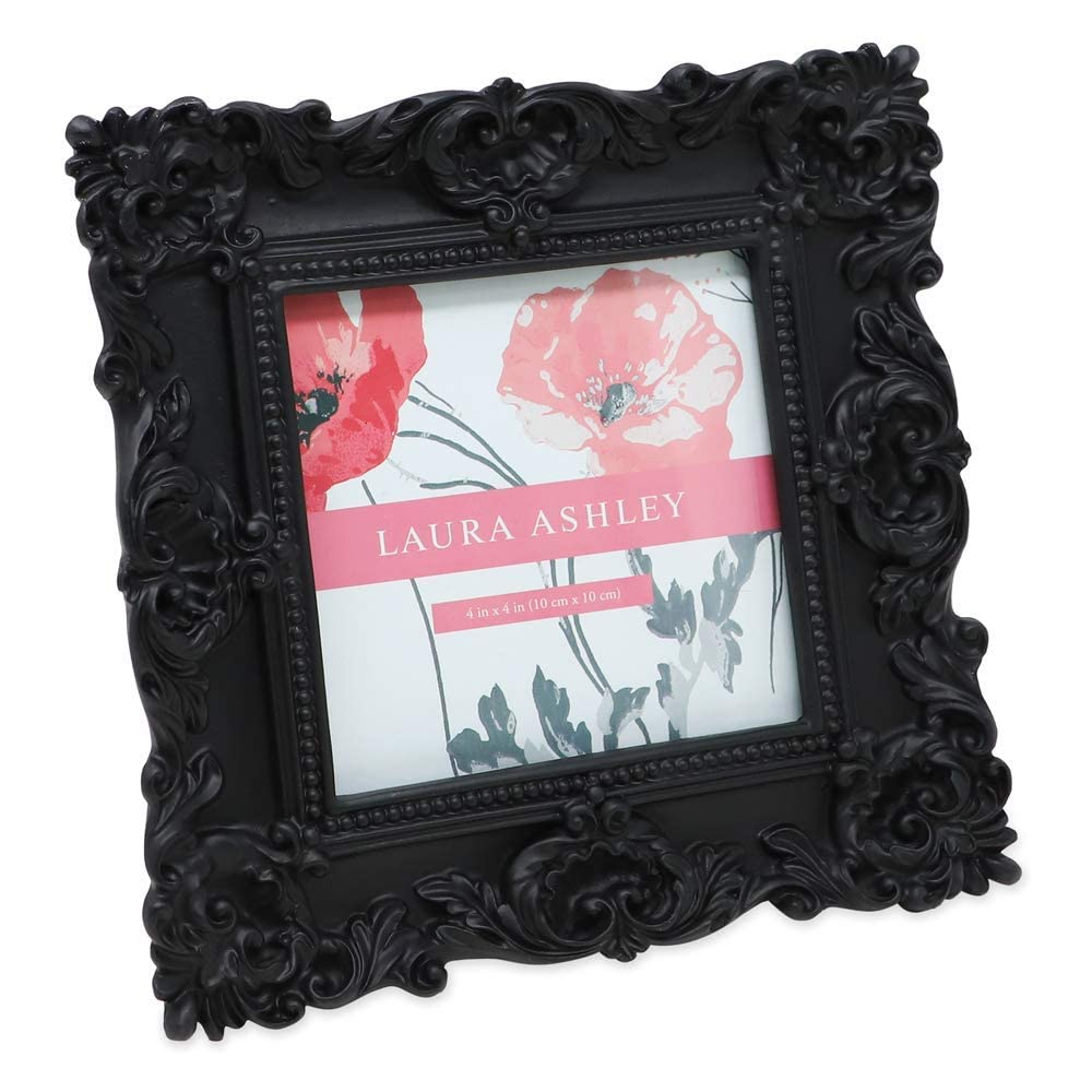 Laura Ashley 4x4 Black Ornate Textured Hand-Crafted Resin Picture Frame with Easel & Hook for Tabletop & Wall Display, Decorative Floral Design Home Décor, Photo Gallery, Art, More (4x4, Black)
