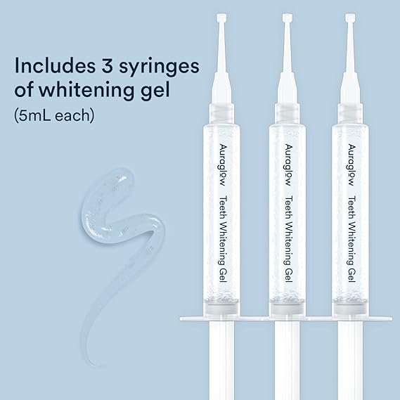 Auraglow 44% Teeth Whitening Gel for Trays, Retainers & Aligners Dentist Strength Carbamide Peroxide Whitener, 30 Treatments, 3 Syringes (5mL)