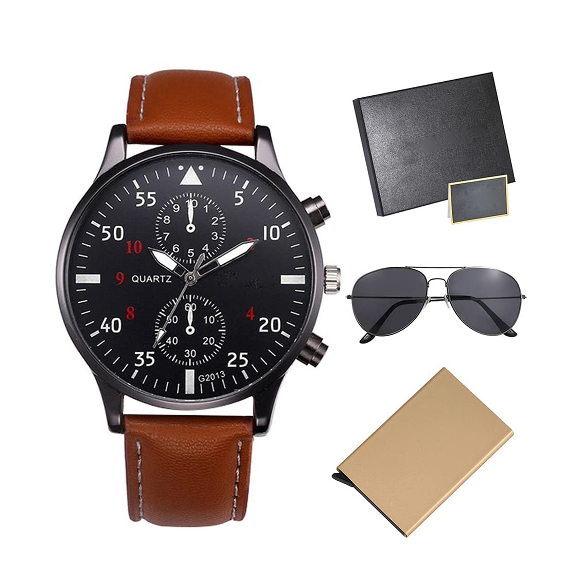 Fashion Quartz Men Watch Okulary przeciwsłoneczne Zestaw prezentowy z czarną kartą upominkową wysokiej jakości (kolor: A) (B)