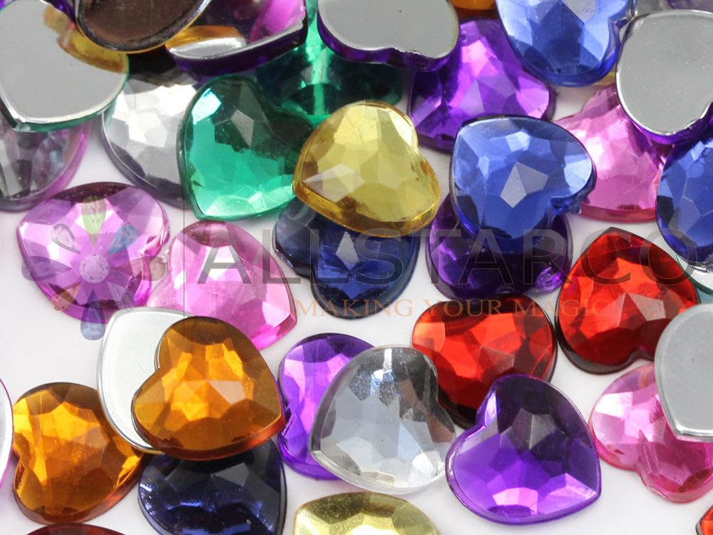 Allstarco Assorted Colors 8Mm 5/16" Heart Rhinestones Acrylic Gems Flat Back For Card Making Embelishments - 200 Pcs