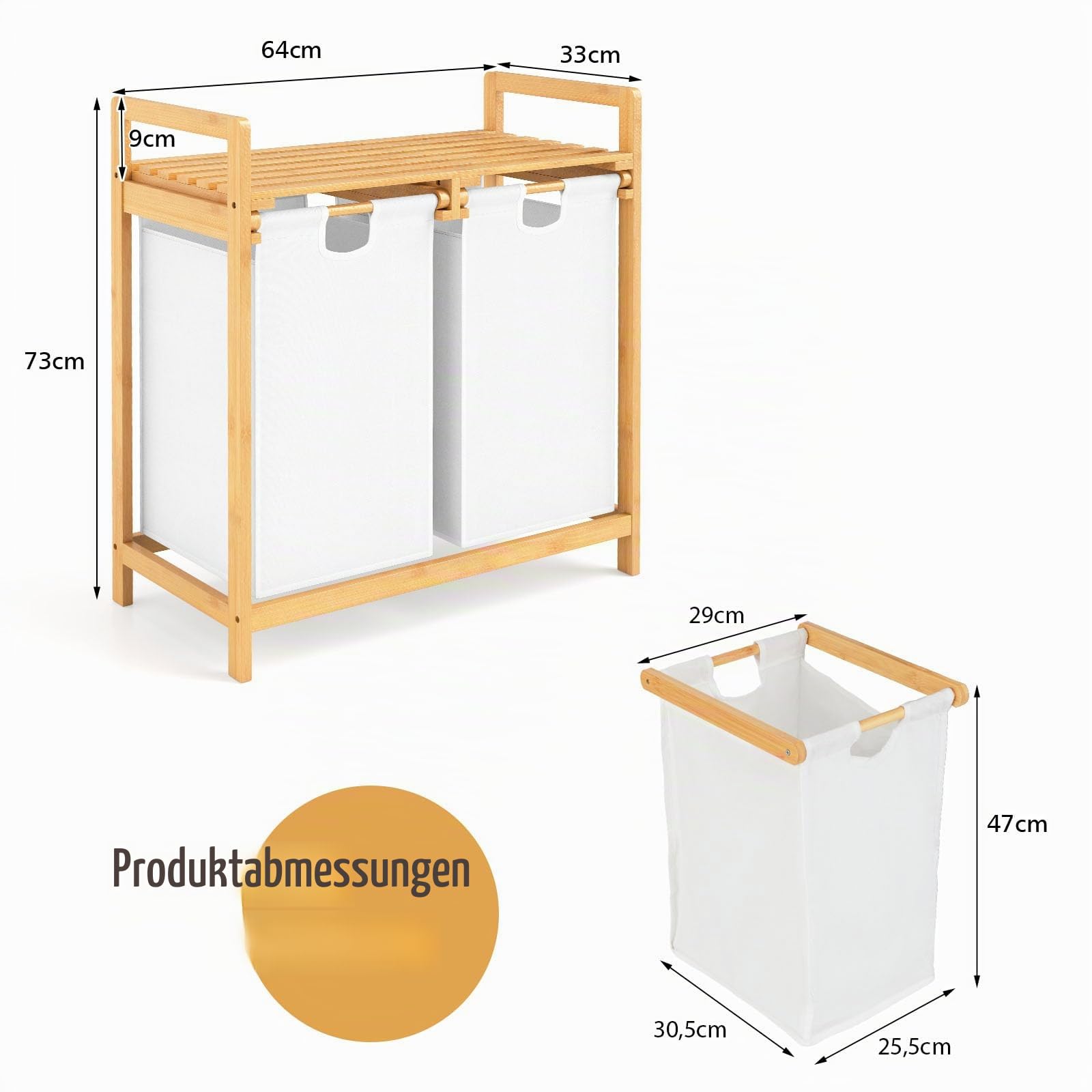 LIFEZEAL Wäschekorb Bambus, Wäschetonne mit Regal & 2 Ausziehbaren Wäschesäcken, Wäschesammler 2 Fächer für Schmutzwäsche, Wäschesortierer Wäscheschrank für Badzimmer (Weiß)