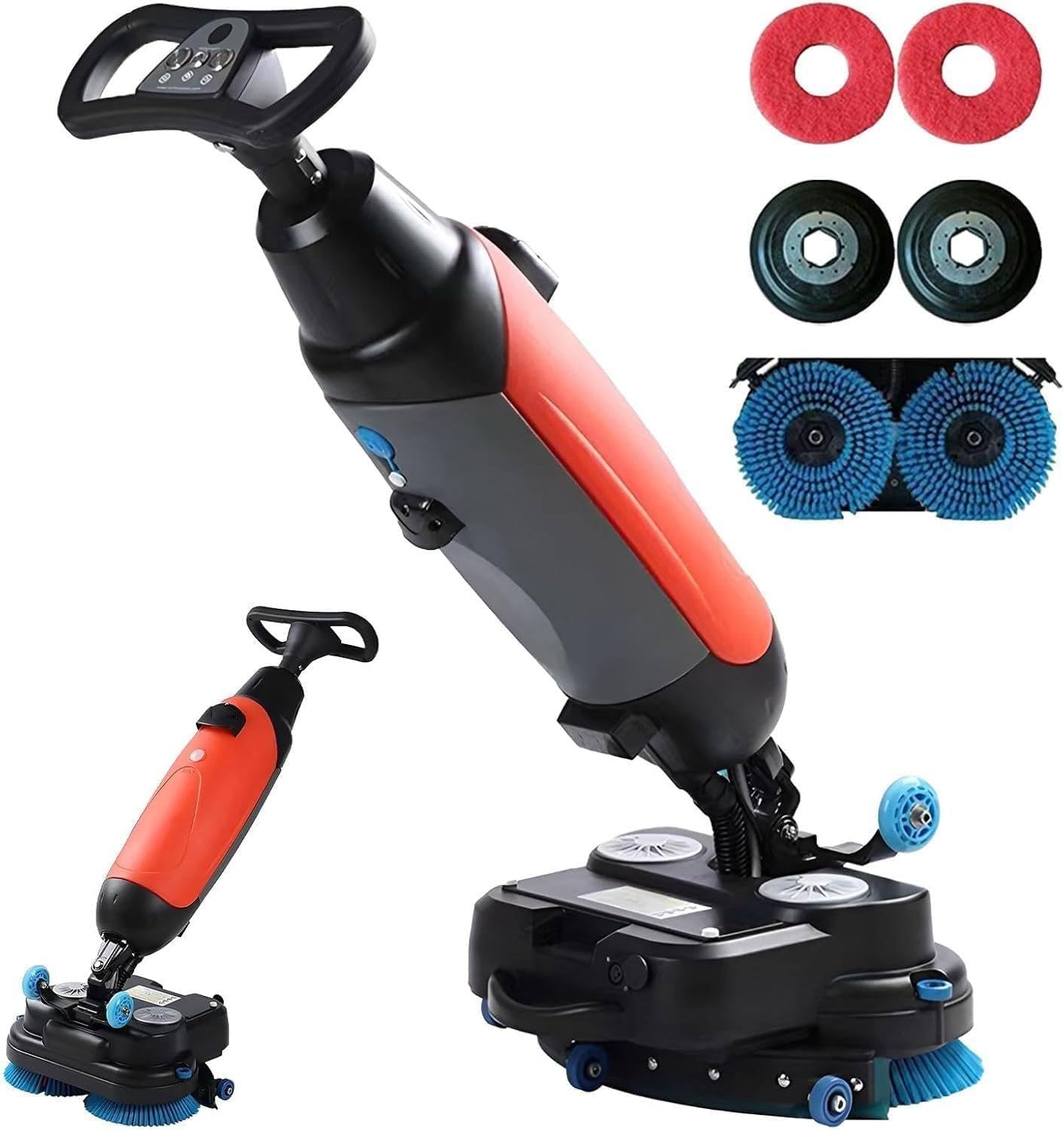 Drmoxin Red 17" Commercial Floor Scrubber Machine, Mini Floor Machine, 13000 Sqft/H, Cordless Floor Washer, Hand Push Scrubber Dryer, 350 Rpm Rotary Double Brushes For Supermarkets