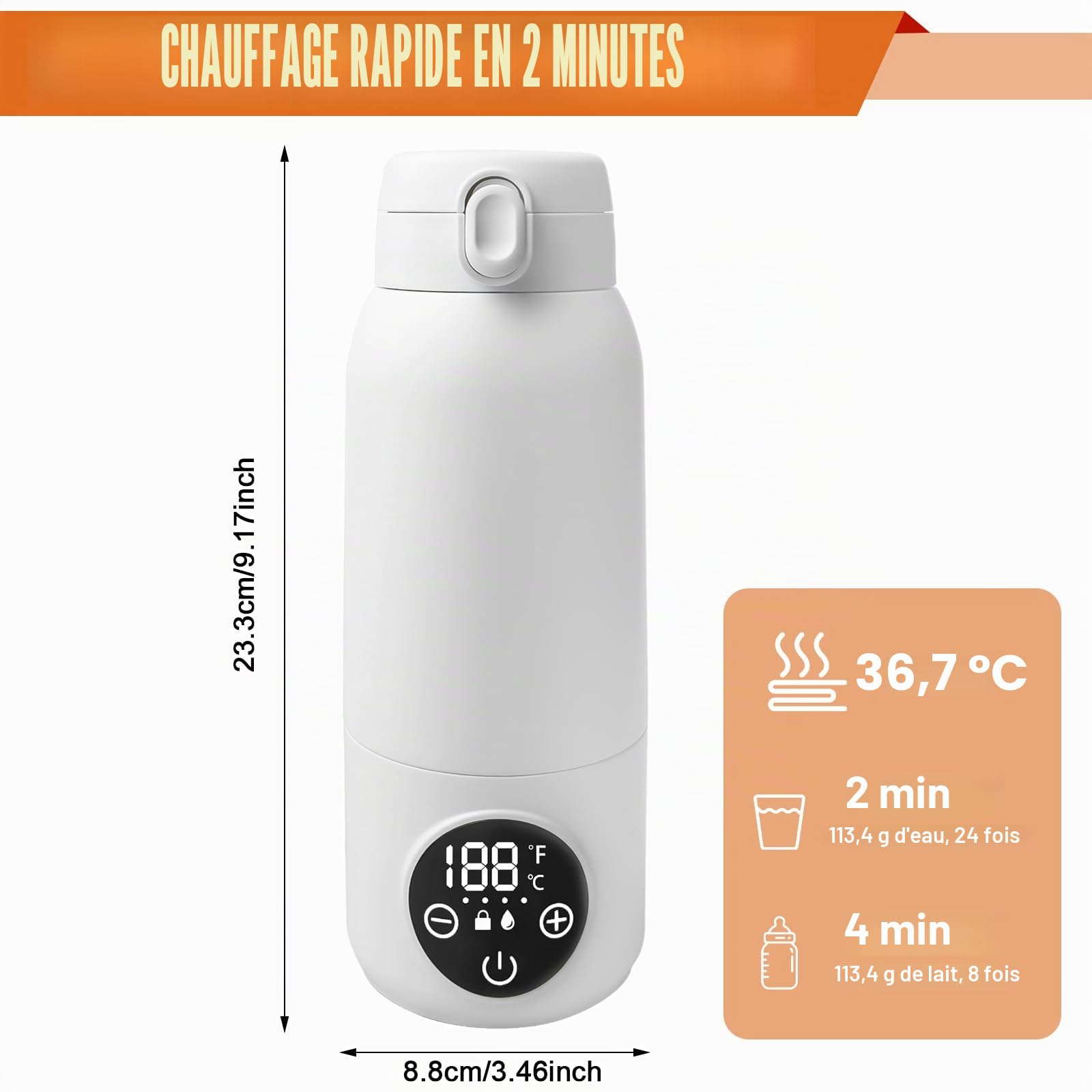 Chauffe-biberon, portable, pour bébé, pour les déplacements, chauffe-lait électrique, 500 ml, réglage précis de la température 45 °C à 55 °C, sans BPA, pour lait maternel et formula, voyage et nuit