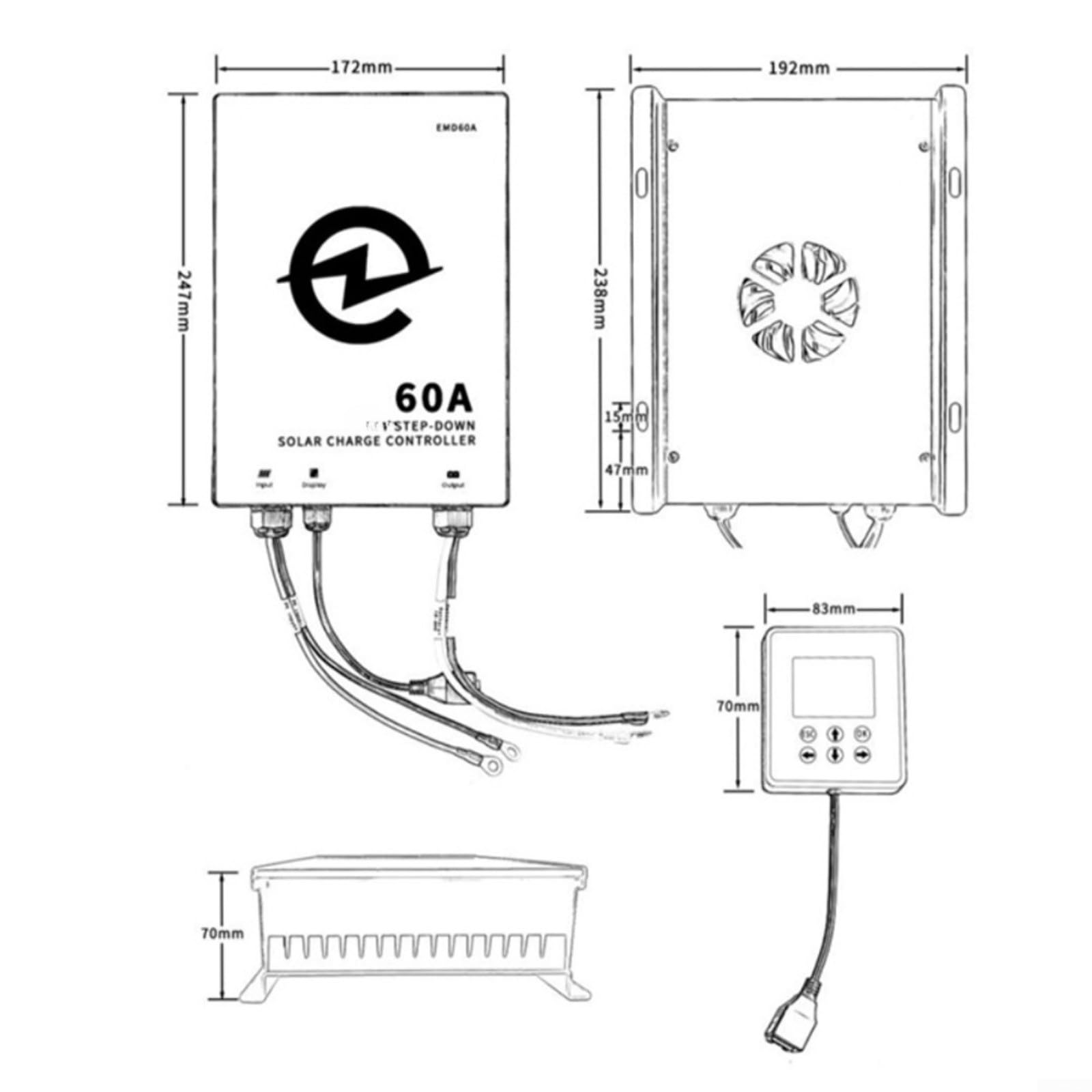 Regolatore di carica solare MPPT da 60 A per fotovoltaico e immagazzinaggio di energia, potenza 2700 W con dissipatore di calore in alluminio, classe di protezione IP66, ingresso 16 V-130 V per