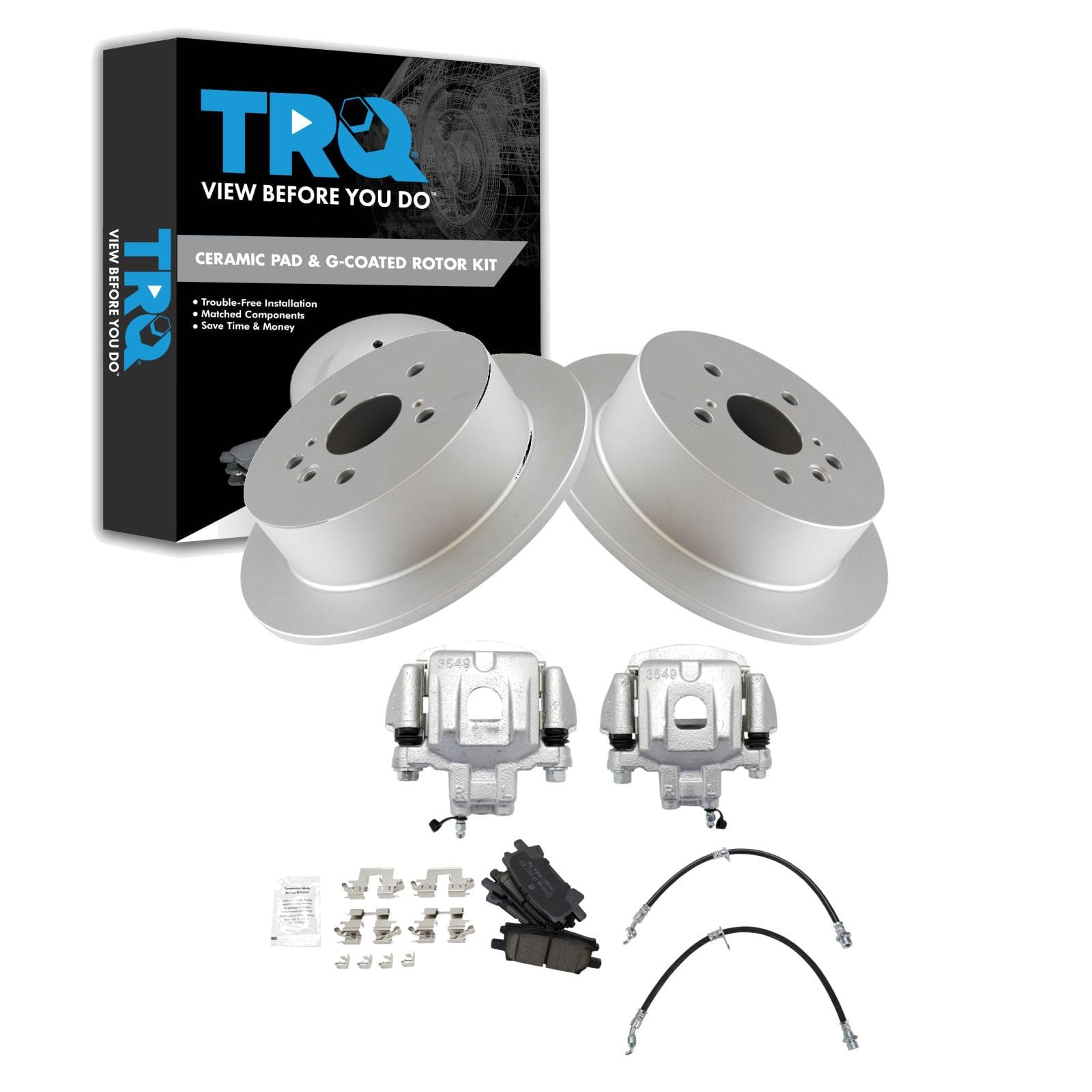 TRQ Rear Brake Pad and Rotor Set Ceramic G Coated Rotors Calipers Compatible with 2004-2007 Toyota Highlander with All Wheel Drive