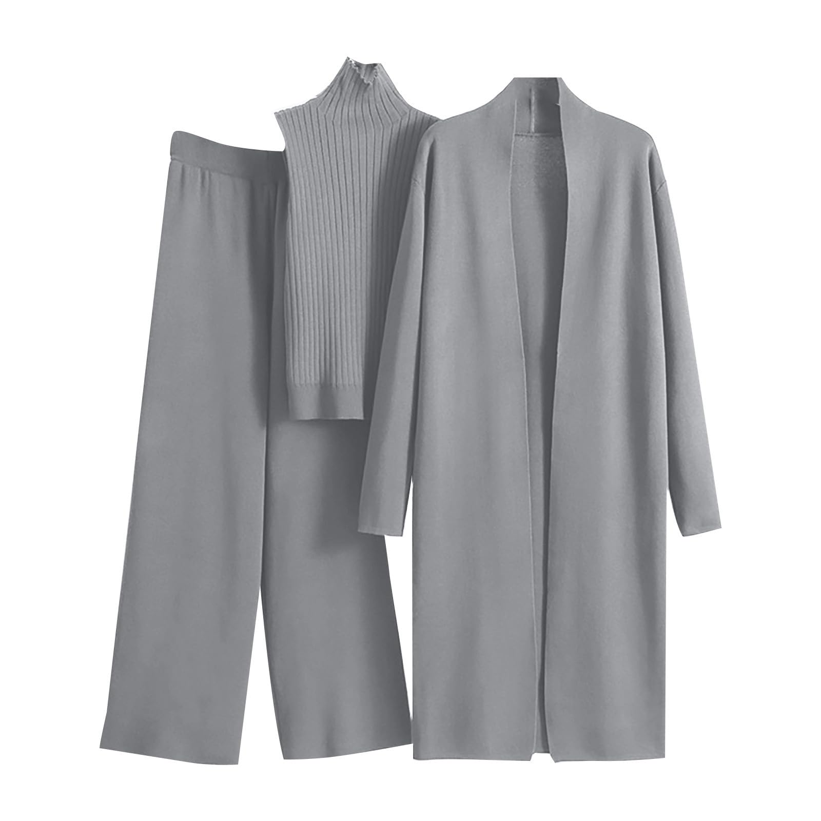 Women's 3 Piece Knit Lounge Set, Long Sleeve Cardigan Sleeveless Turtleneck Tank Top and Wide Leg Pants Matching