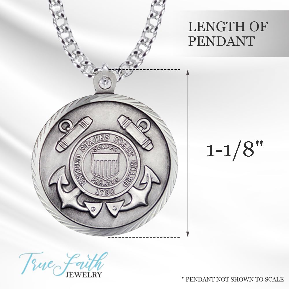 True Faith Jewelry Sterling Silver United States Coast Guard Service Medal with St Michael Patron Saint Archangel Pendant Necklace, 1 Inch