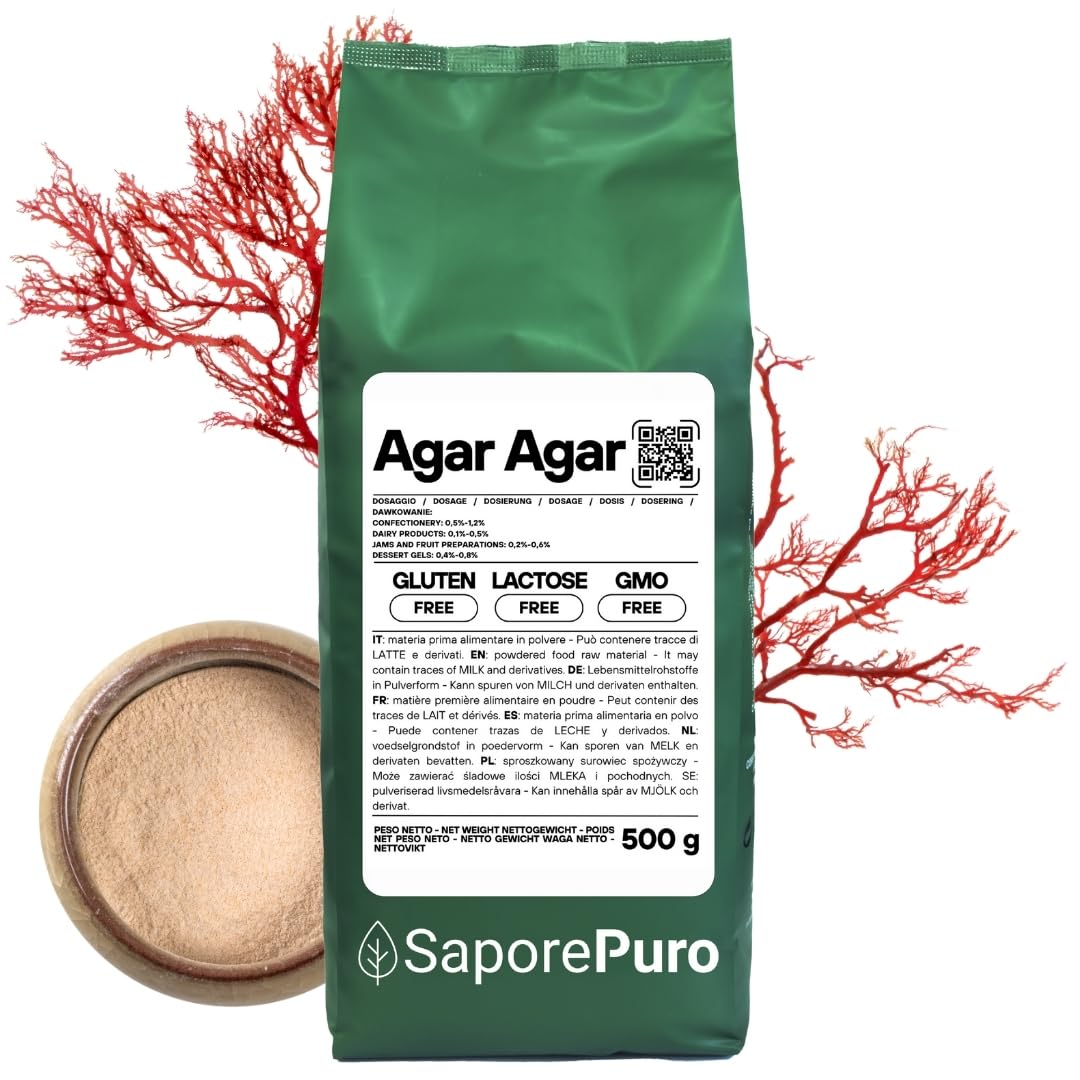 SaporePuro AGAR AGAR w proszku 500 g – Naturalny środek żelujący BEZ GLUTENU – Idealny do kuchni molekularnej, jako zagęszczacz do deserów, dżemów, budyniów i lodów