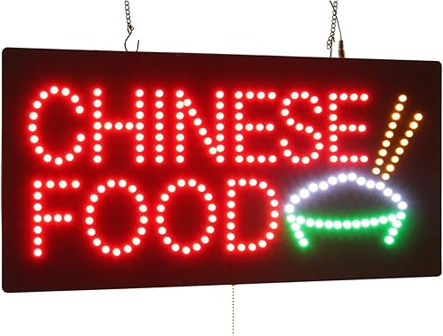Cartel de comida china, 24"x12", 23.6x11.8 in, TOPKING, Señalización, LED, brillante, abierto, letrero, exhibición, gran apertura, regalo