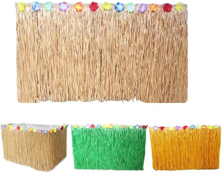 Grass Table Skirt Luau Party Set with Gold Tablecloth and Straws