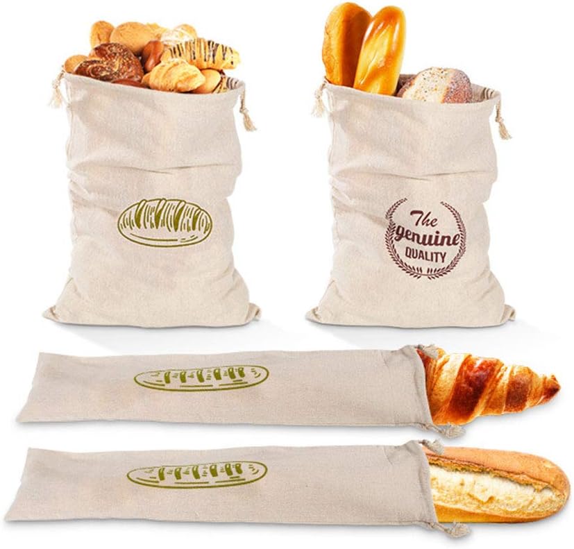 4 bolsas de pan de lino reutilizables con cordón, bolsas grandes para pan sin blanquear, bolsa de almacenamiento de pan, para pan, baguette, pan artesanal hecho en casa y más alimentos