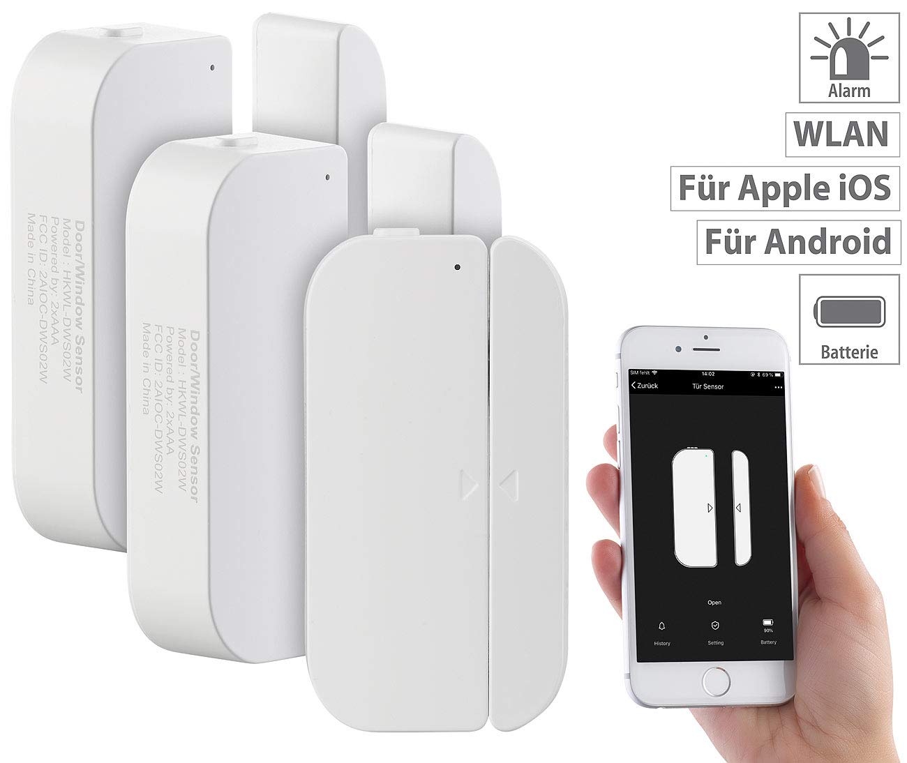 Luminea sensore finestra WLAN: set da 3 Allarmi per porte e finestre WLAN, compatibile con Amazon Alexa e Google Assistant, App per notifiche globali (allarme porte finestre wifi, sensori, samsung)