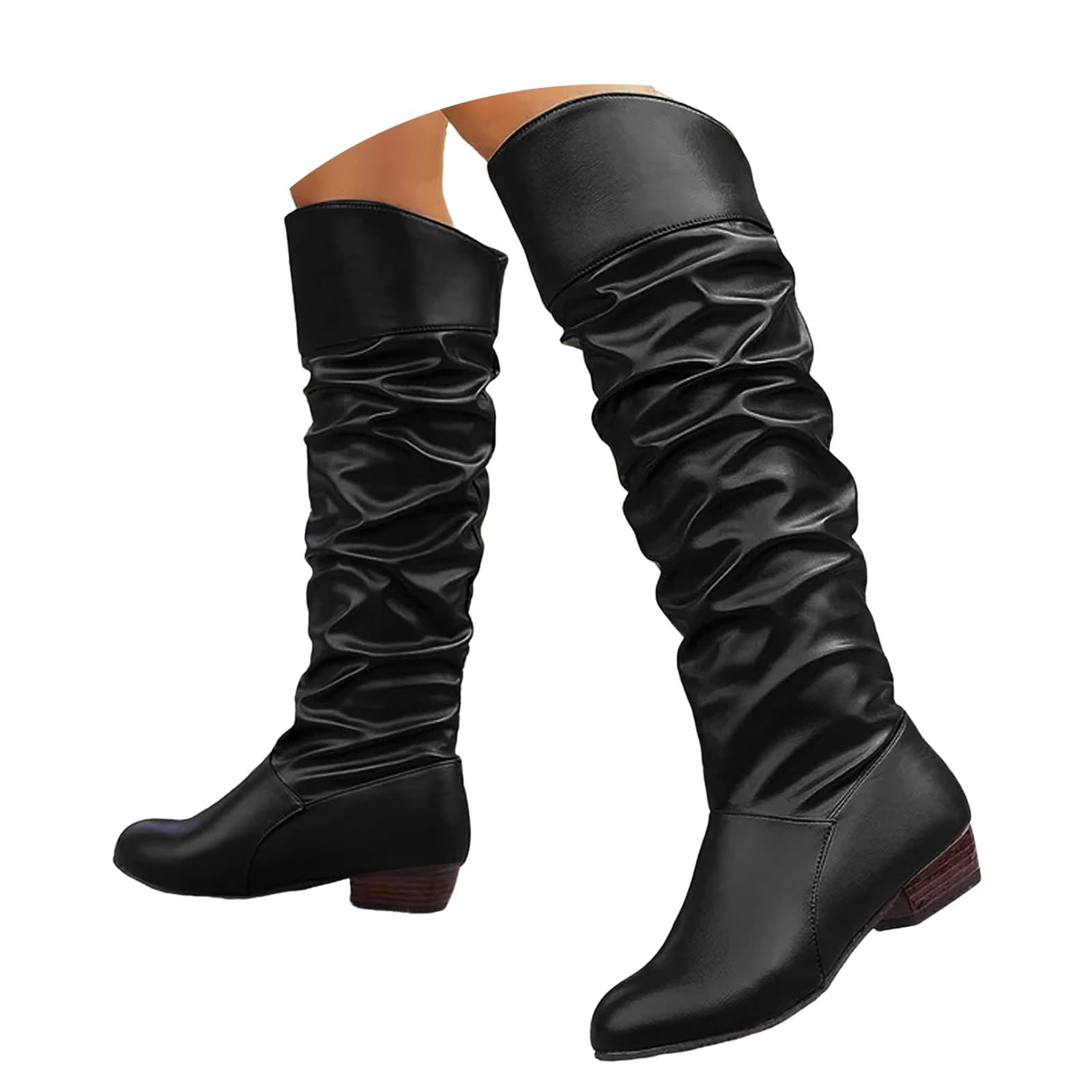 Slouch Boots for Women Knee High Boots Women Wide Calf Chunky Low Heel Slouchy Ruched Leather Flat Boot