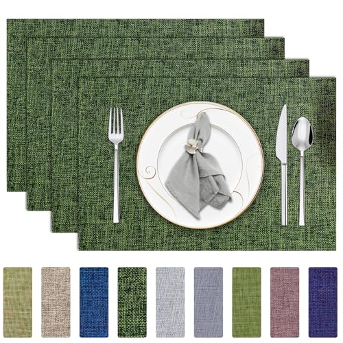 Green Linen Cloth Placemats Set of 4 Heat Resistant for Kitchen 12x18 Inch