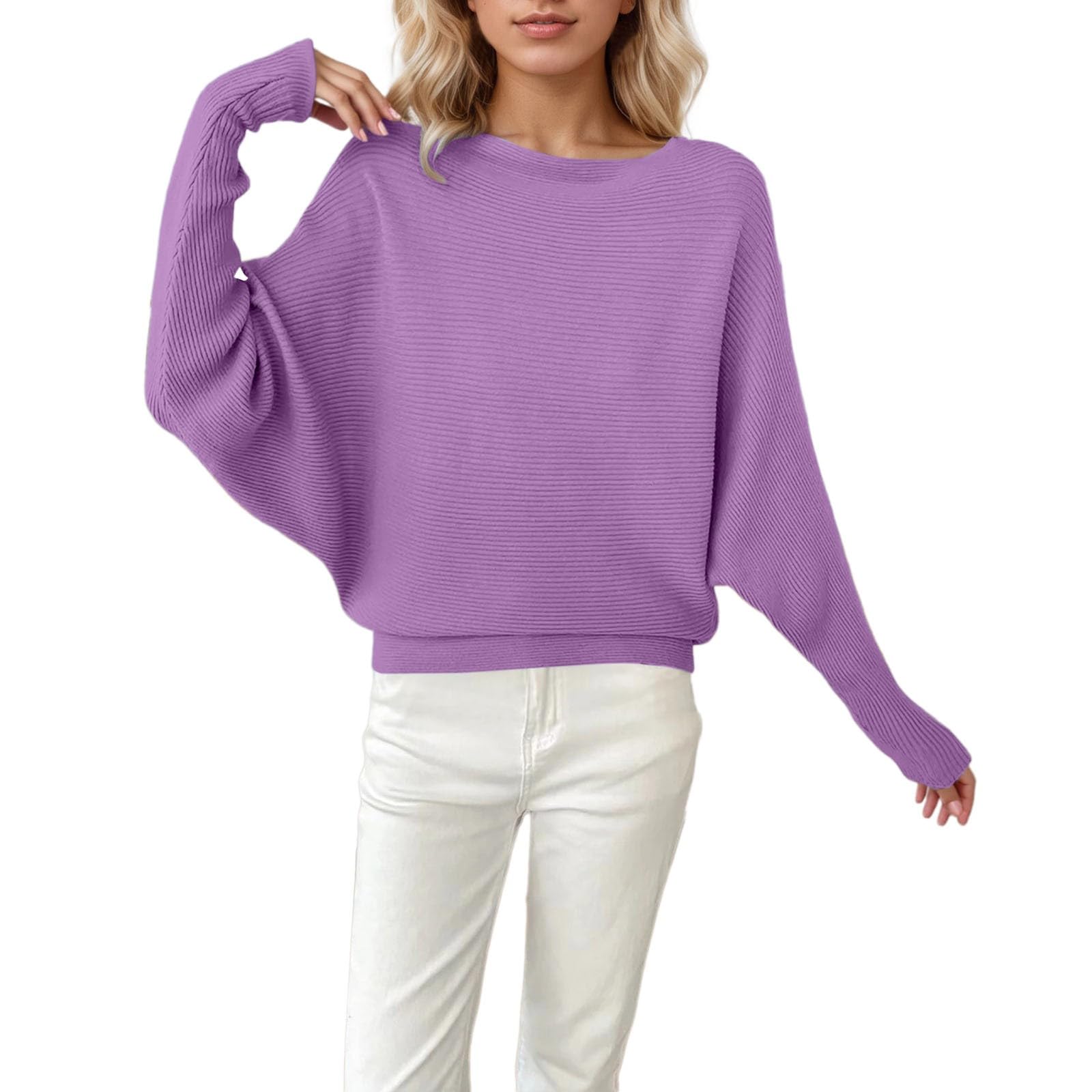 JiXiang Lightweight Sweaters for Women Boat Neck Batwing Sleeves Pullover Casual Oversized Ribbed Knitted Soft Elegant Tops