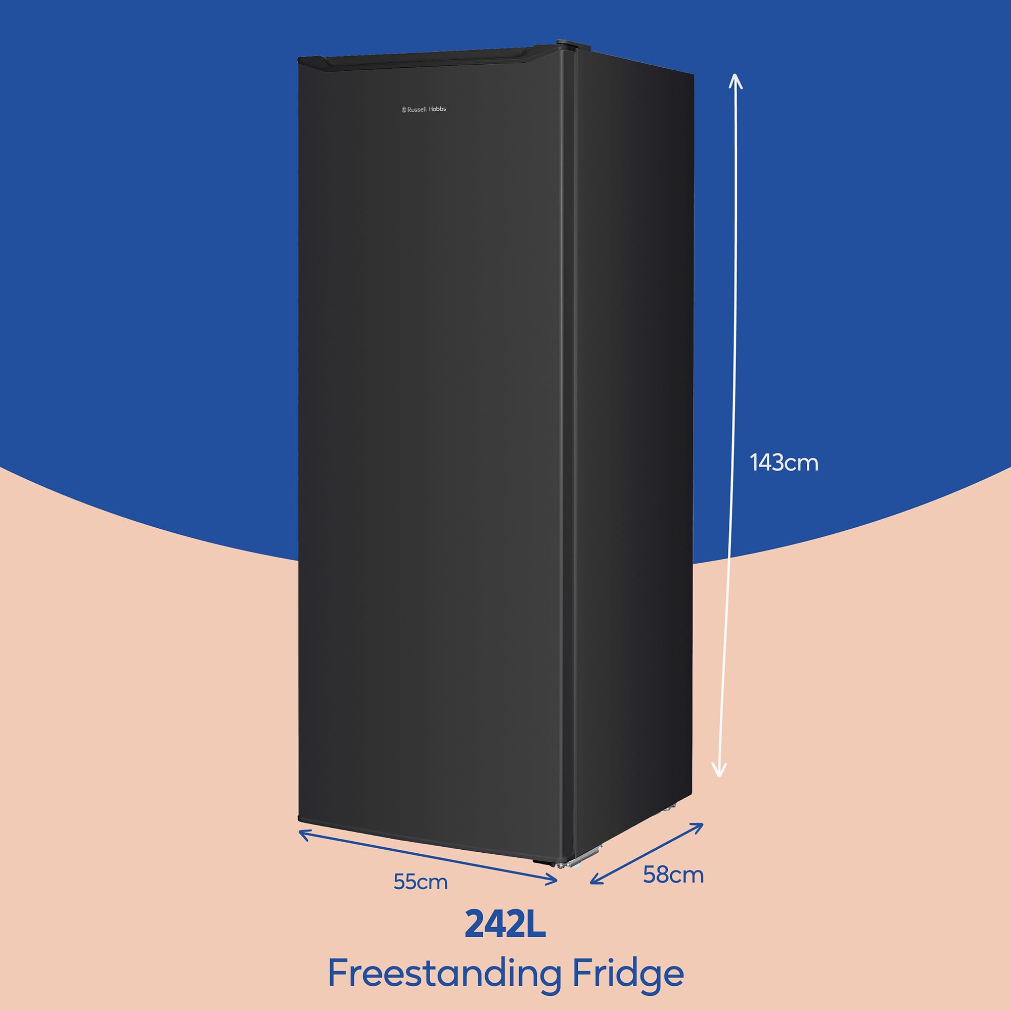 Russell Hobbs Freestanding Larder Fridge Black 242 Litre with 4 Glass Shelves, 55cm Wide & 143cm Tall, Adjustable Thermostat, 2 Year Guarantee, RH143LF552E1B — view 2