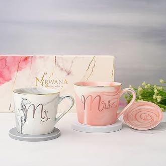 NYRWANA Coffee Mug, Marriage Gifts for Wedding, Wedding Present for Couples, Couple Present, Christmas Gifts, Mr & Mrs Set of 2 Coffee Mugs, Lids and Beautiful Gift Box (250ml - Ceramic)