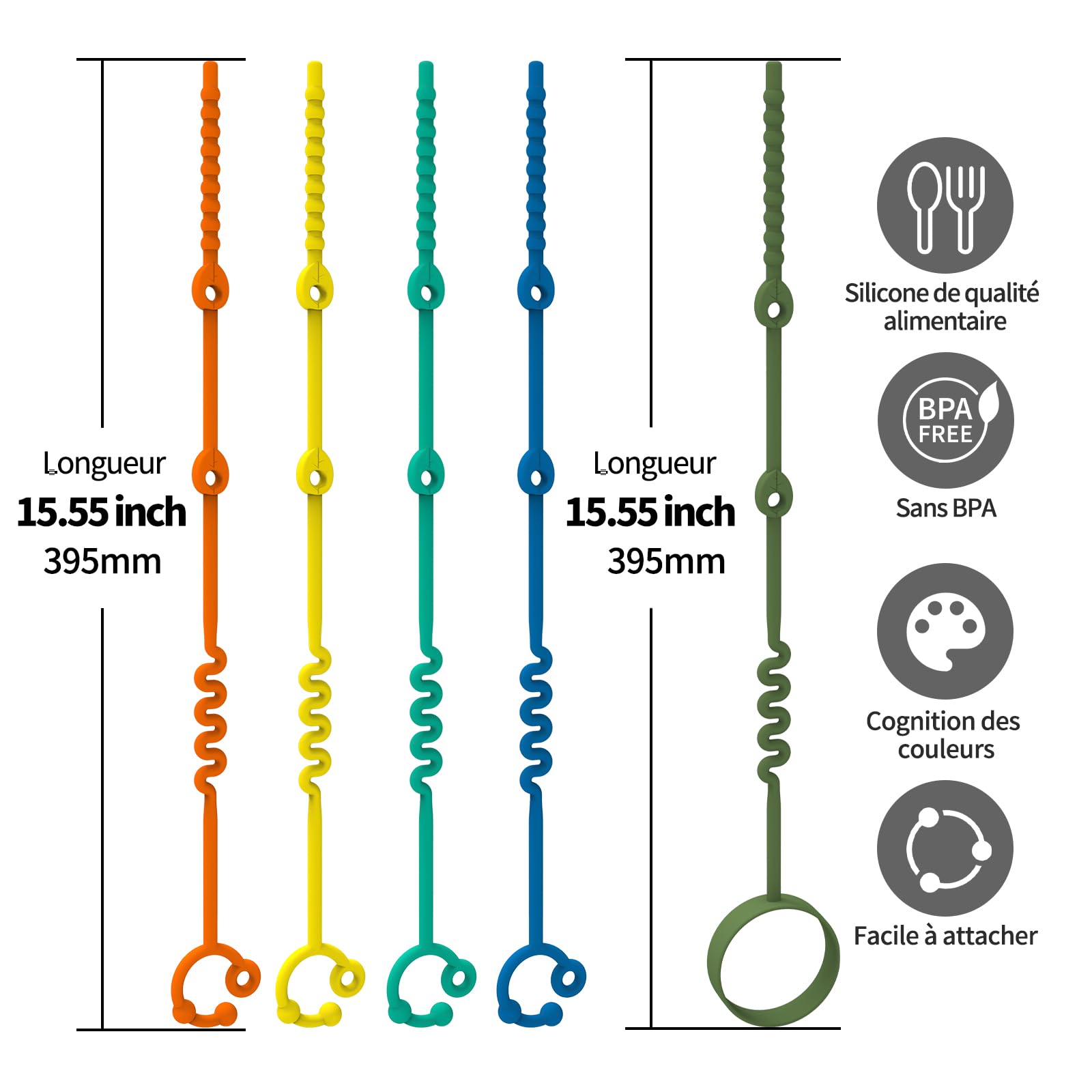 Sangles de jouets pour bébé - Lot de 5 sangles réglables en silicone pour bébé et sangles de gobelet pour poussettes, chaises hautes, berceaux, sièges de voiture, silicone de qualité alimentaire