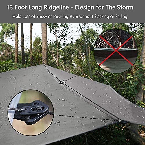 Image of Hammock Rain Fly Tent Tarp Provides Effective Protection Against Rain, Snow. 32ft Long Ridgeline. Big 9.8x9.5ft Durable, Waterproof 210D Oxford. 6 Reflective Guy Lines, 2 Stuff Sacks. Easy Assembly