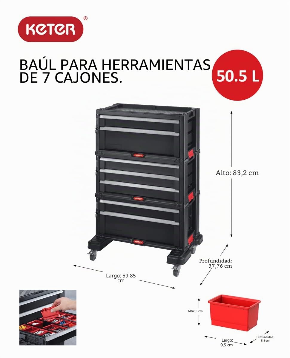 Keter- Carro de herramientas con 7 cajones, 59.85 x 37.76 x 83.2 cm, Color Negro
