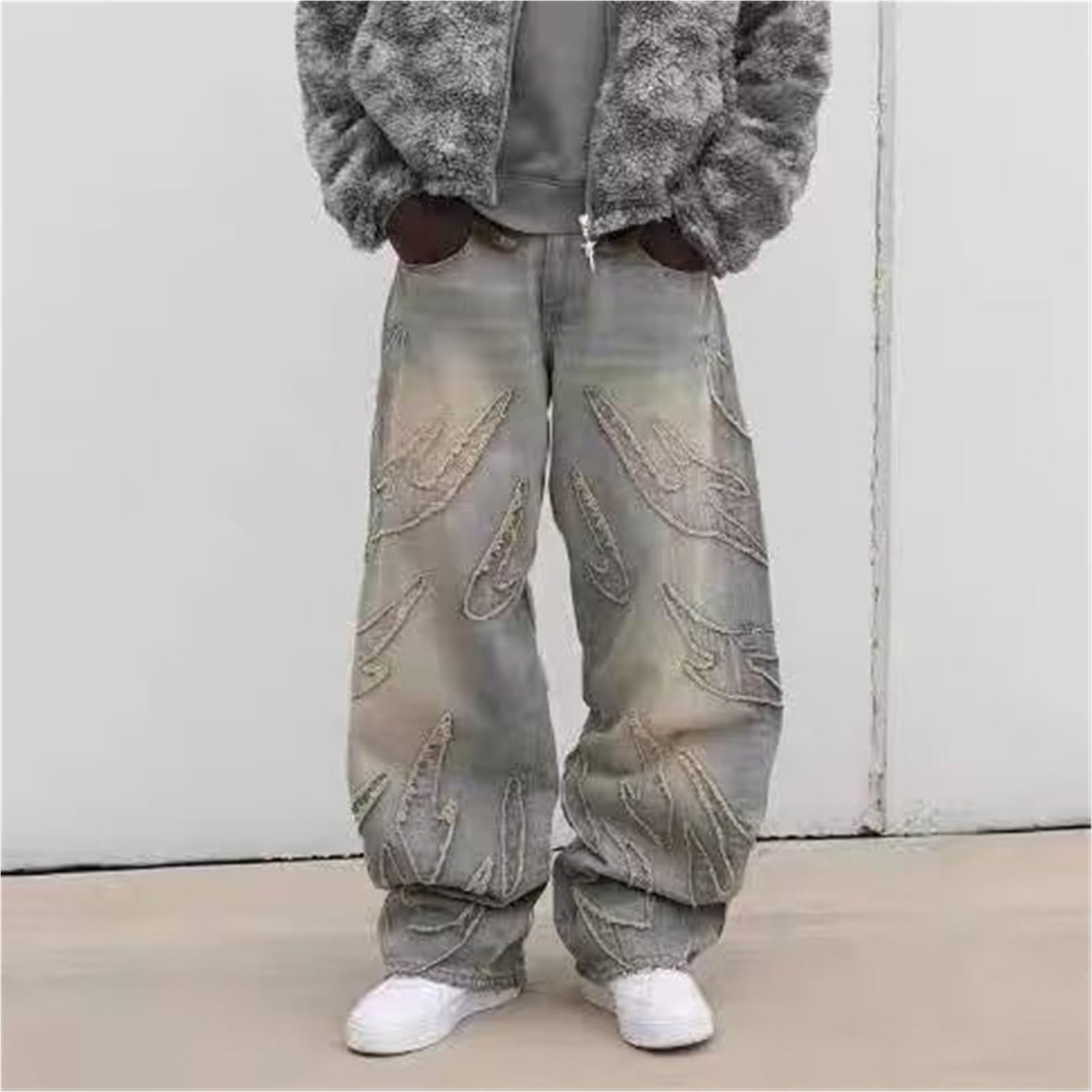 Spodnie Baggy dla mężczyzn, Jeansy hiphopowe, Spodnie Baggy z wysokim stanem, Spodnie jeansowe z nadrukiem, Luźne szerokie nogawki, Streetwear, Spodnie casualowe