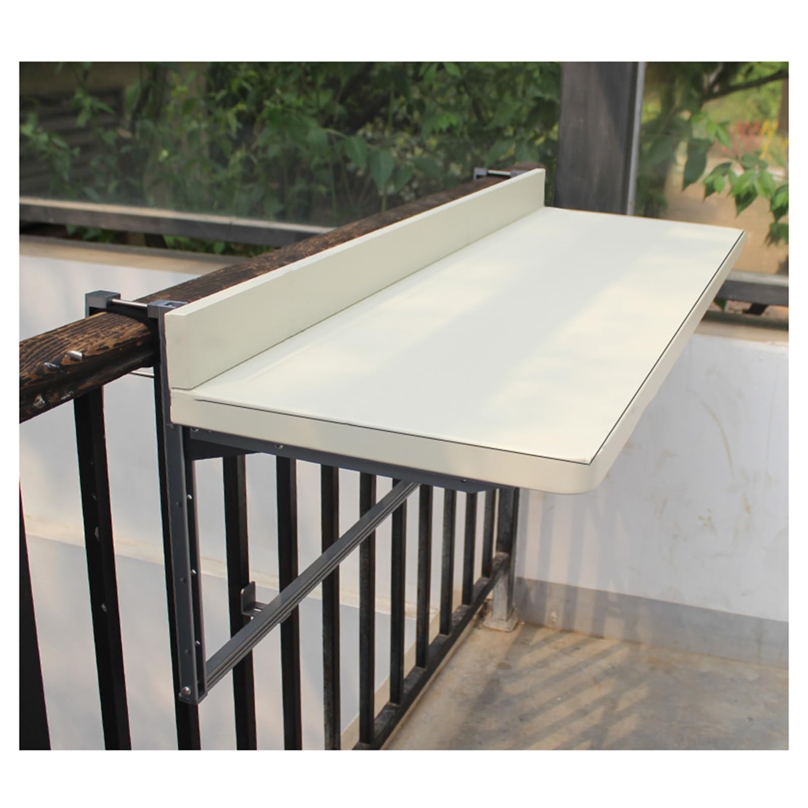 Mesa de bar plegable para balcón, mesa colgante blanca para barandilla, patio, balcón, terraza, mesa de servir, 120 x 39 cm de largo