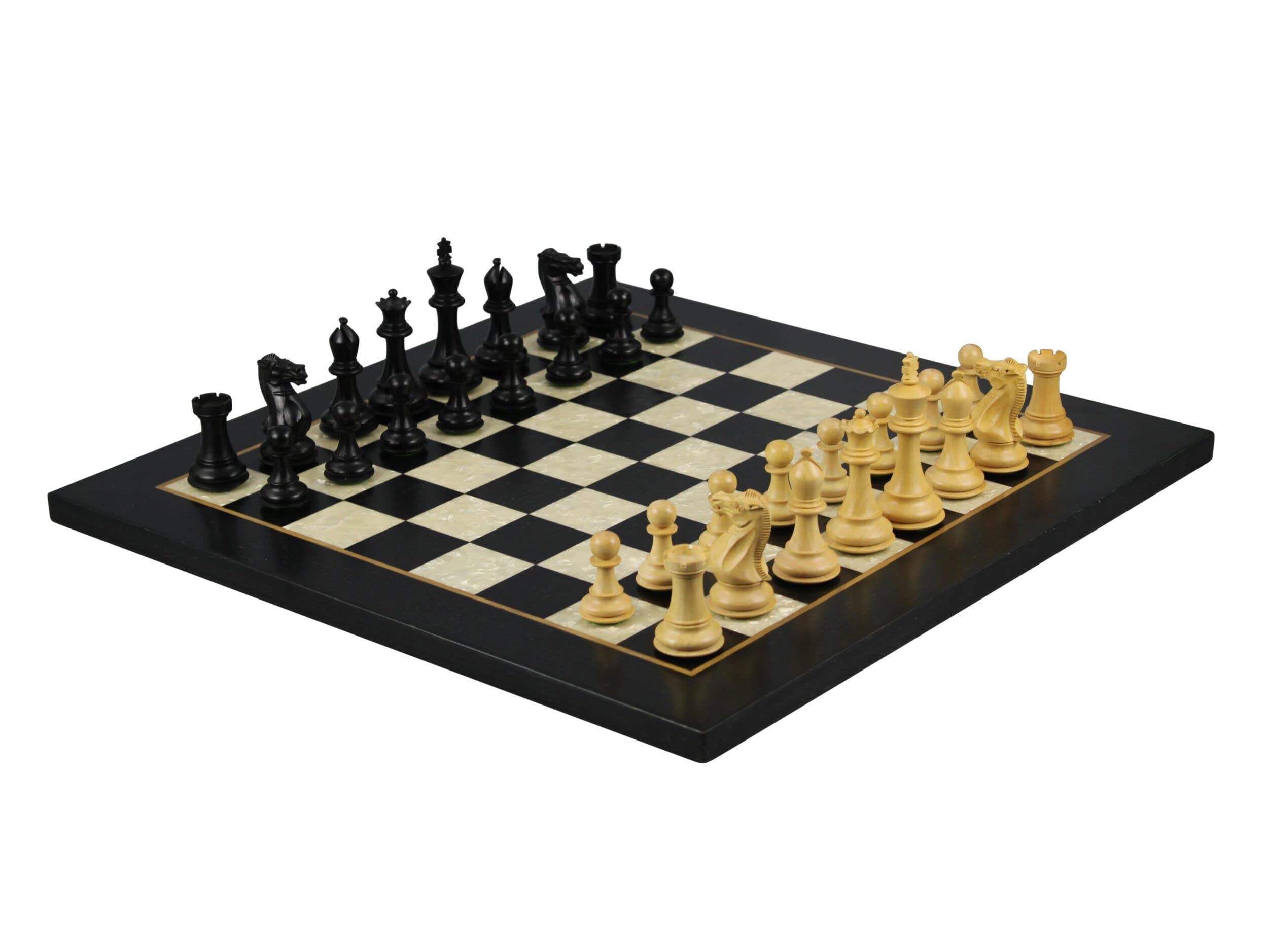 Set di scacchi piatti in madreperla Helena in legno di ebano 50,8 cm con scatola di scacchi 9,5 cm