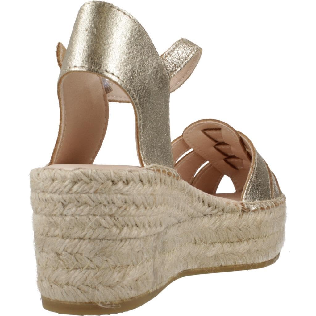 MACARENA - Sandalia de pala con cuña de esparto,pulsera al tobillo,suela de goma,piel,espadril,con brillo para: Mujer