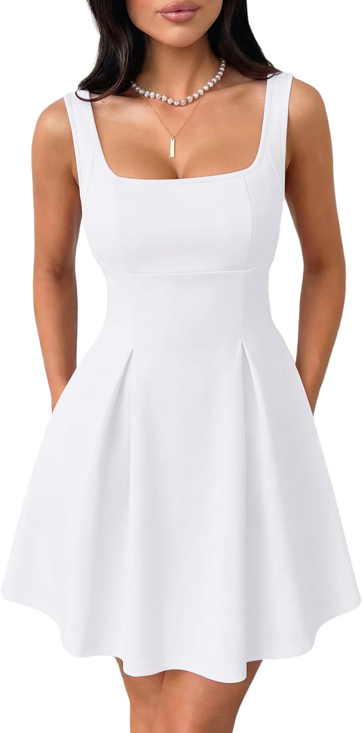 IWD Women's Square Neck Sleeveless Mini Dress Adjustable Strap Sexy Backless Bow Tie A Line Short Party Dresses