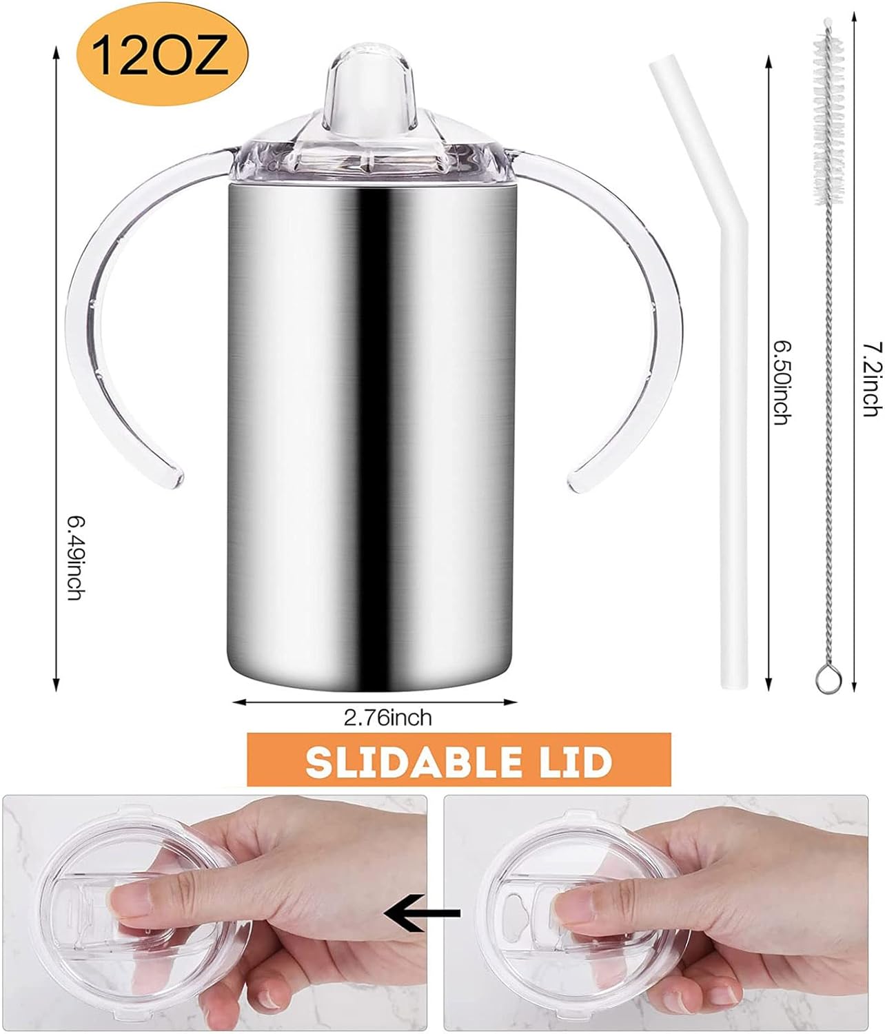 12oz Stainless Steel Sippy Cups for Toddlers with Handles, Spill Proof Double Wall Vacuum Insulated Sippy Cups, Kids Straw Cups with Extra Lids for School, Outdoor, 2 Pack - Image 2